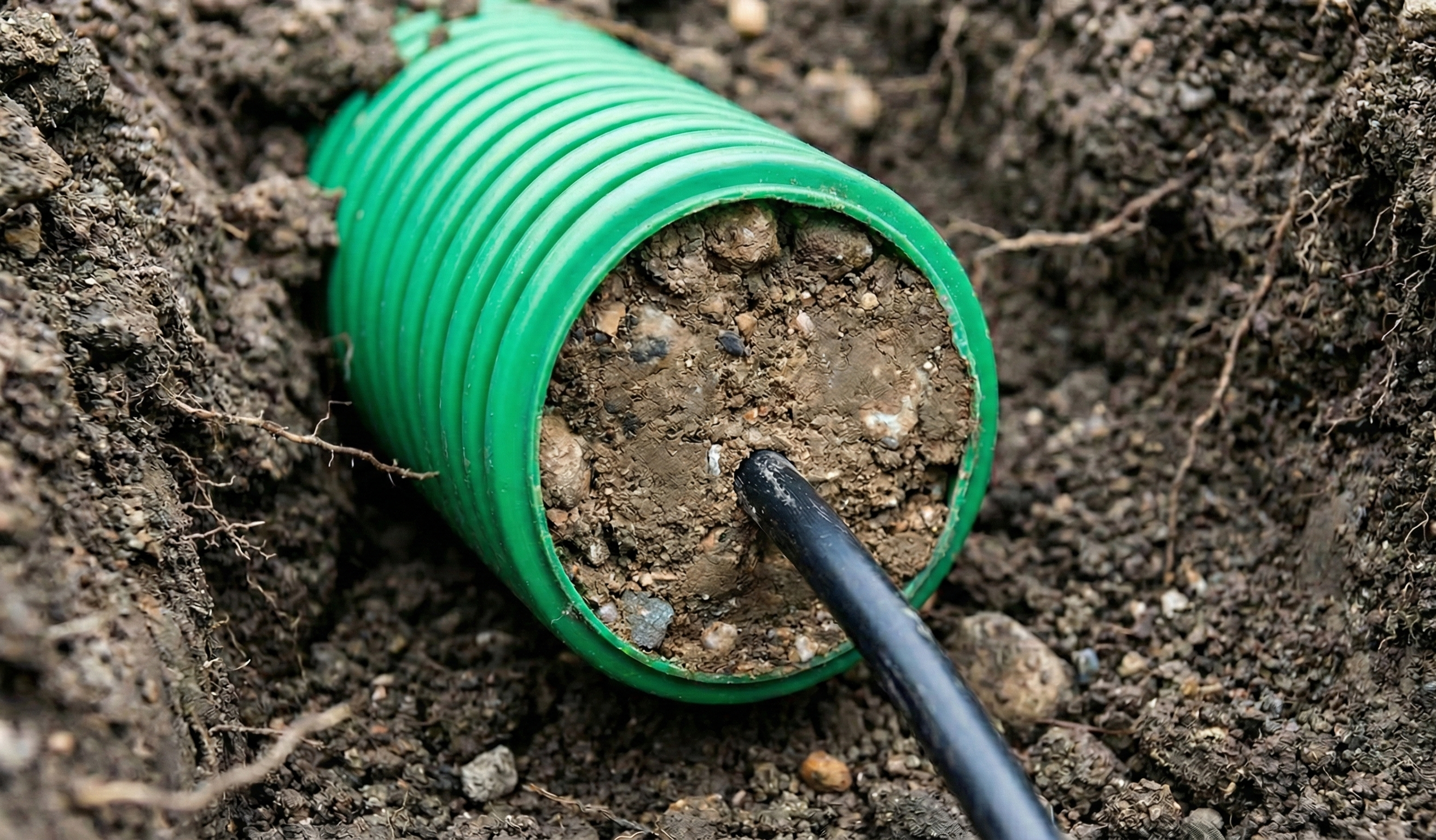 Exemple typique d'un fourreau télécom souterrain bouché par la terre, empêchant le passage de la fibre optique. Gros plan sur l'extrémité d'une gaine annelée verte enterrée, totalement obstruée par un bouchon compact de terre et de cailloux retenant un câble noir.