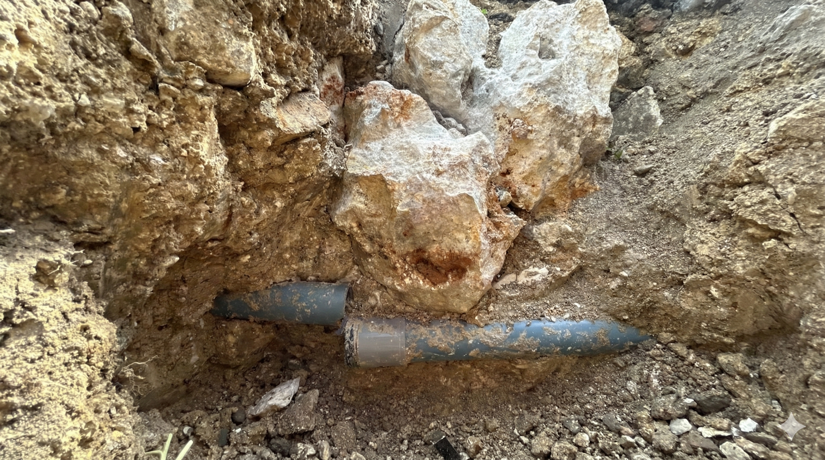 Fourreau fibre cassé - problème de génie civil Tuyau PVC gris cassé et écrasé sous des pierres dans une tranchée, illustrant un problème de génie civil bloquant le raccordement à la fibre optique.