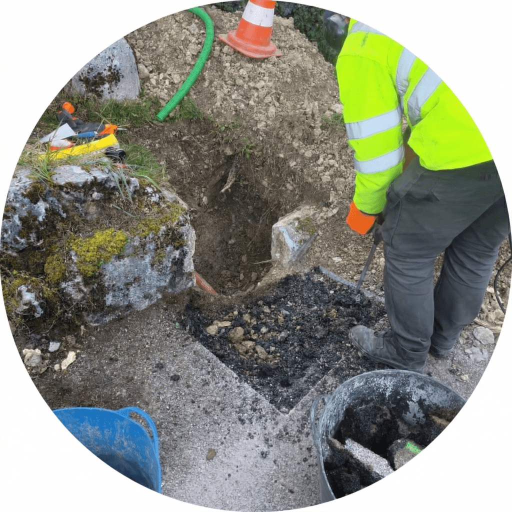 Technicien Signal Services réalisant des travaux de terrassement pour réparer un fourreau fibre optique bouché sur le domaine privé.