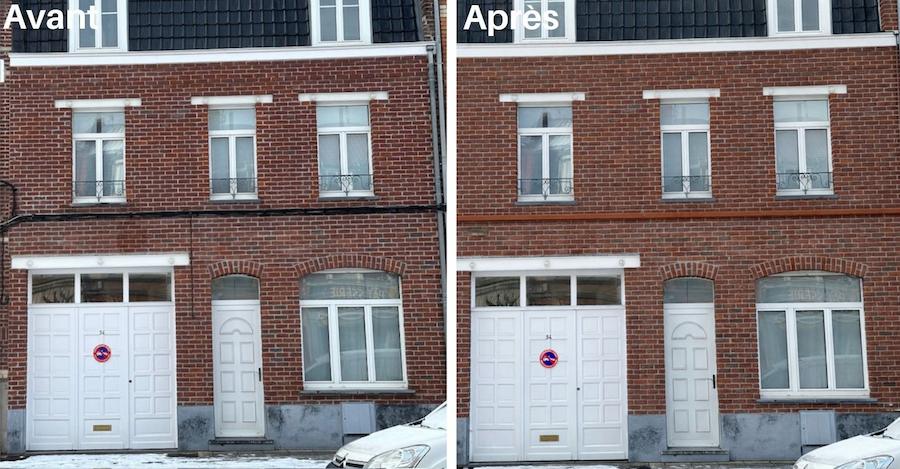 Façade avec câbles désordonnés avant intervention de dissimulation vs Façade après pose de câches-cables, réseaux dissimulés et ordonnés