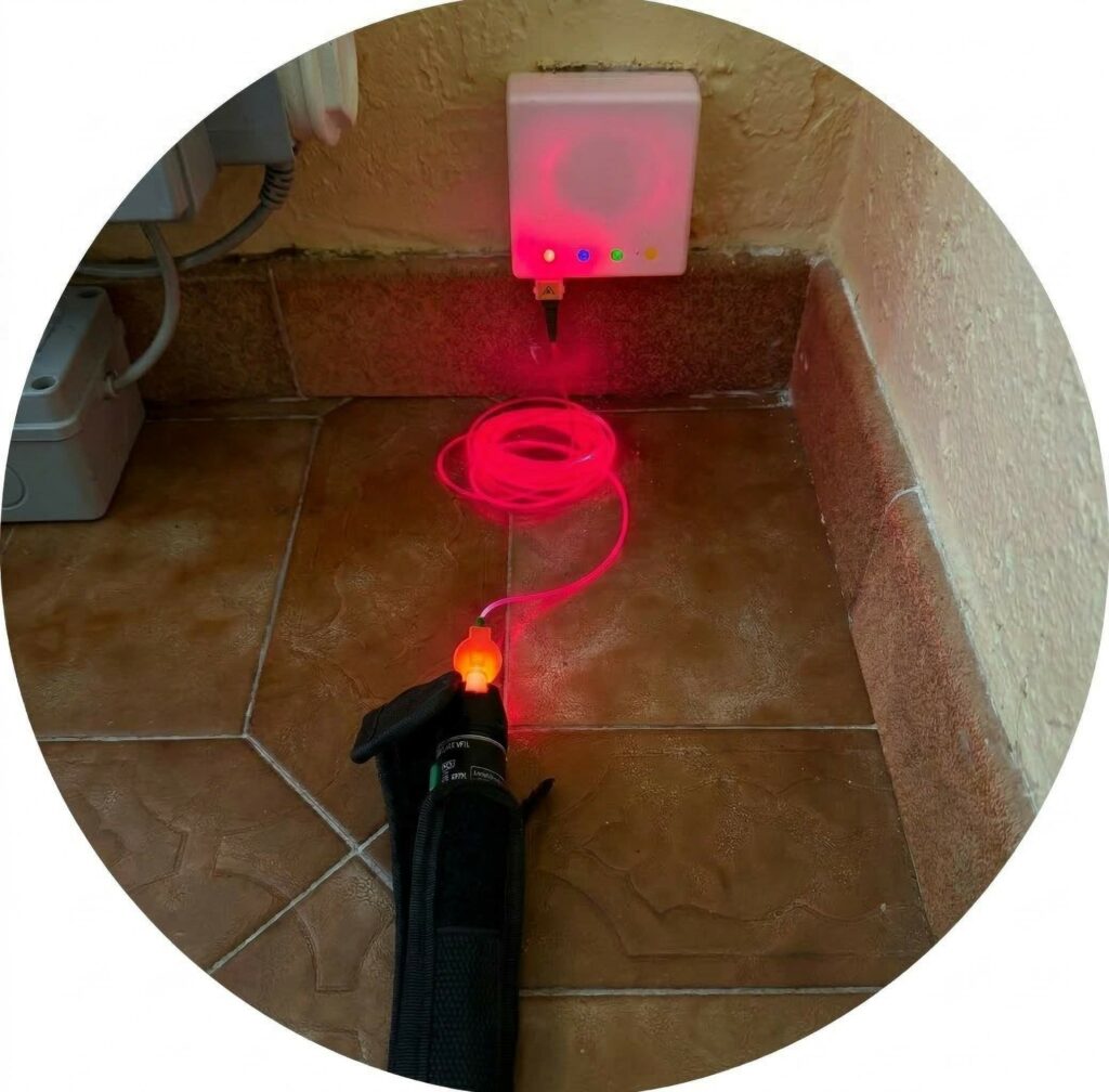 Technicien Signal Services utilisant un laser de détection sur une prise PTO pour localiser un câble fibre optique sectionné en Isère et Savoie.