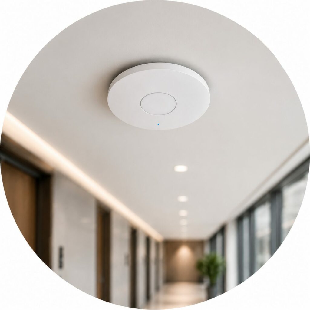 Borne WiFi professionnelle installée au plafond pour améliorer la couverture réseau